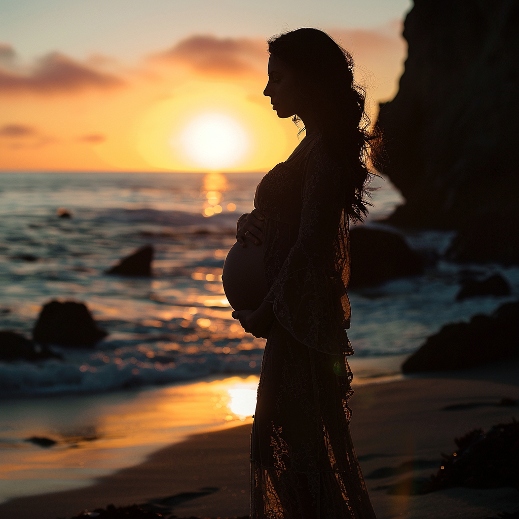 Silhouette of an expectant mother on the beach during sunser